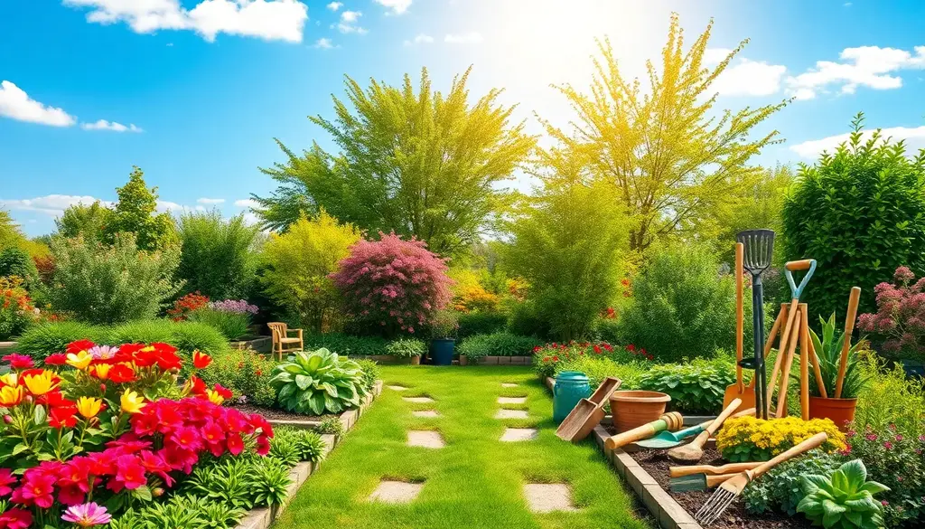 alt_text: Lush garden with vibrant flowers, healthy plants, and seasonal elements, showcasing gardening tools.