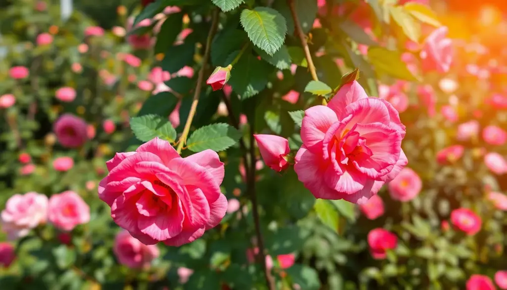 alt_text: Lush climbing rose plant with neat pruning, set in a vibrant garden full of blooming roses.