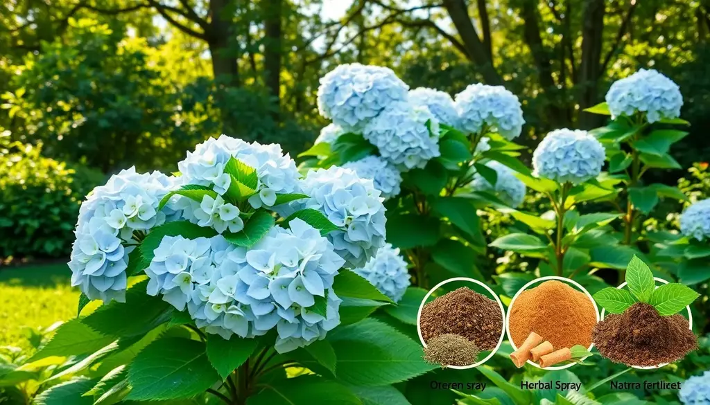 alt_text: Lush garden z kwitnącymi hortensjami, naturalne środki ochrony roślin i ekologiczne nawozy.
