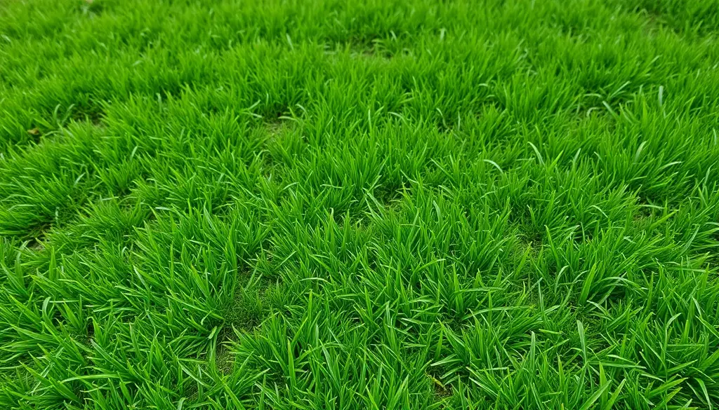 alt_text: Lush green lawn z ciemnymi plamami turfowymi, ukazującymi różnice w kondycji trawy.