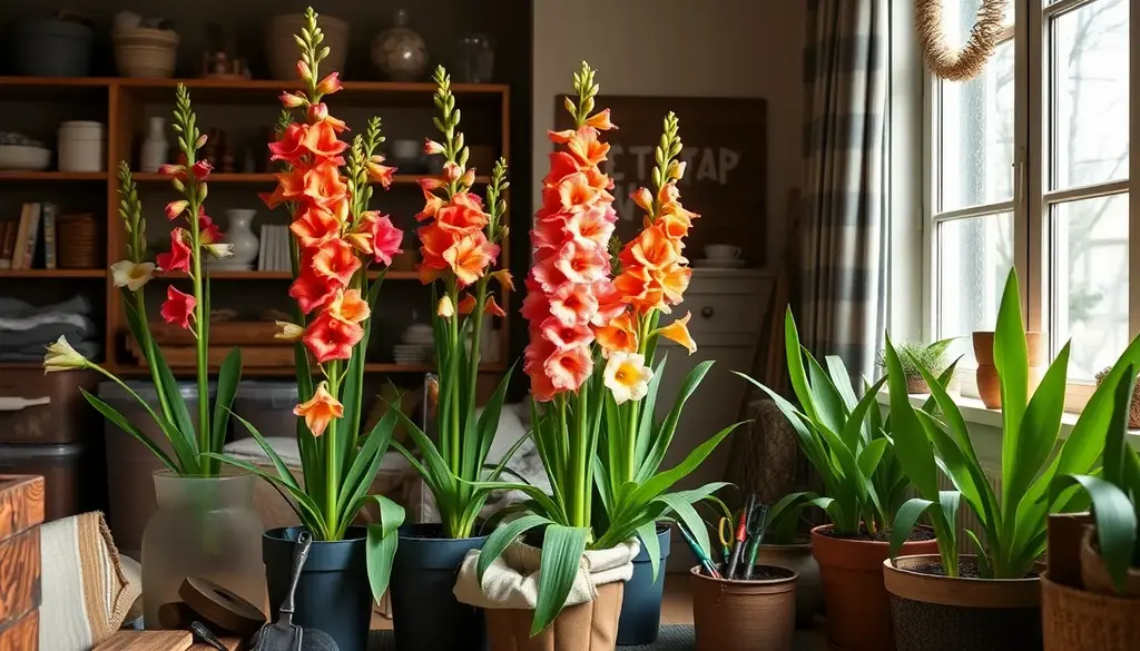 alt_text: Zimowe przechowywanie kwiatów gladioli w przytulnym, dobrze zorganizowanym wnętrzu.