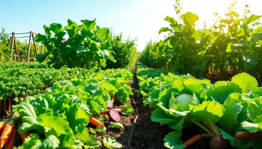 alt_text: Lush vegetable garden in mid-summer, showcasing vibrant greens and root vegetables under sunlight.