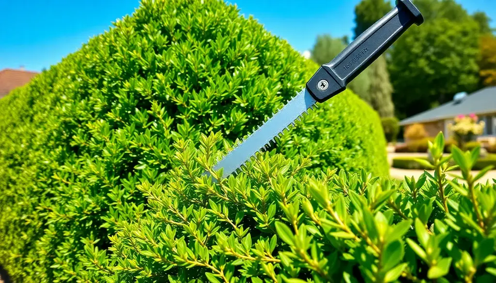 alt_text: Lush hedge trimming scene with a grab tool on a sunny day amidst a well-kept garden.