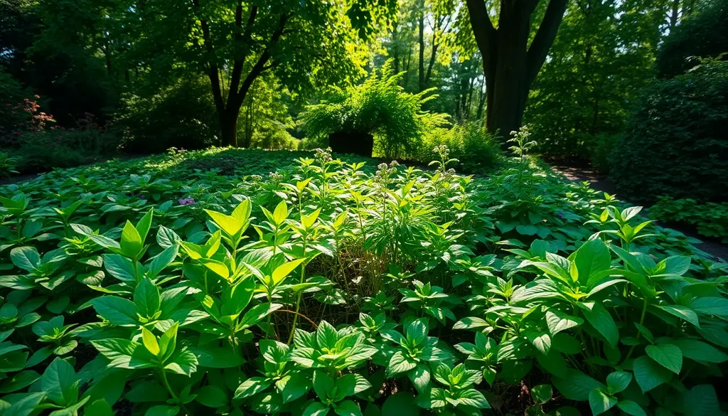 alt_text: Lush, shady ogród z różnorodnymi roślinami okrywowymi, promienie słońca na zielonym tle.