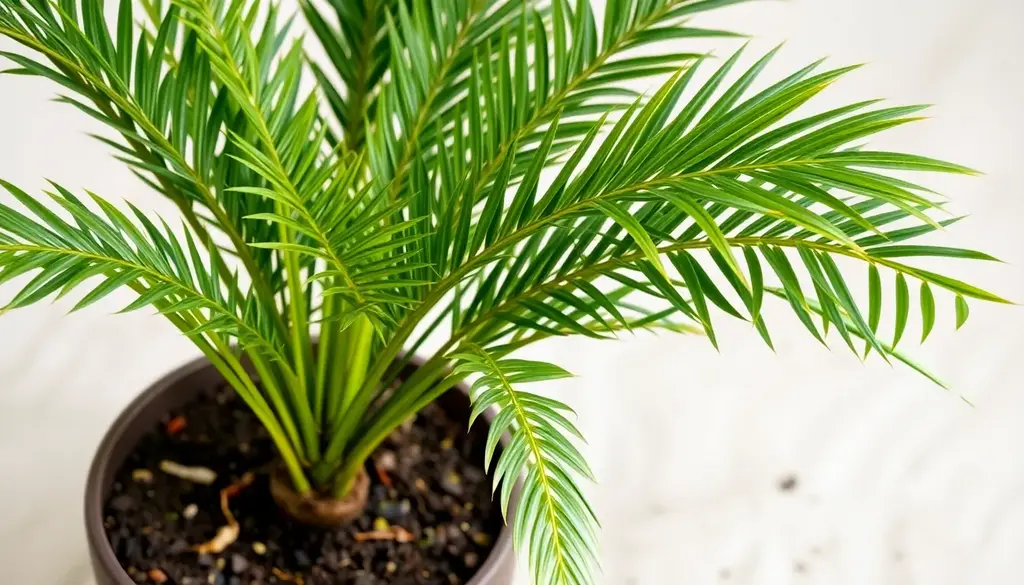 alt_text: Realistyczny obraz palm Areca w doniczce, ukazujący zdrowy wzrost i powszechne choroby liści.