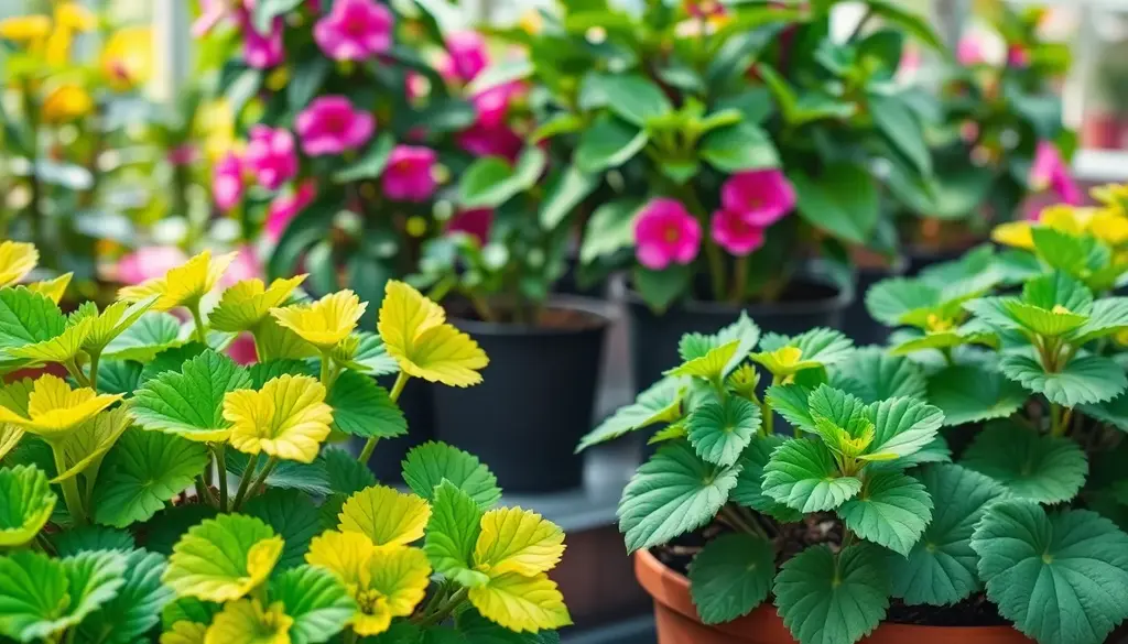 alt_text: Zdjęcie przedstawia zdrowe pelargonie w doniczkach, z zielonymi i żółknącymi liśćmi w szklarni.