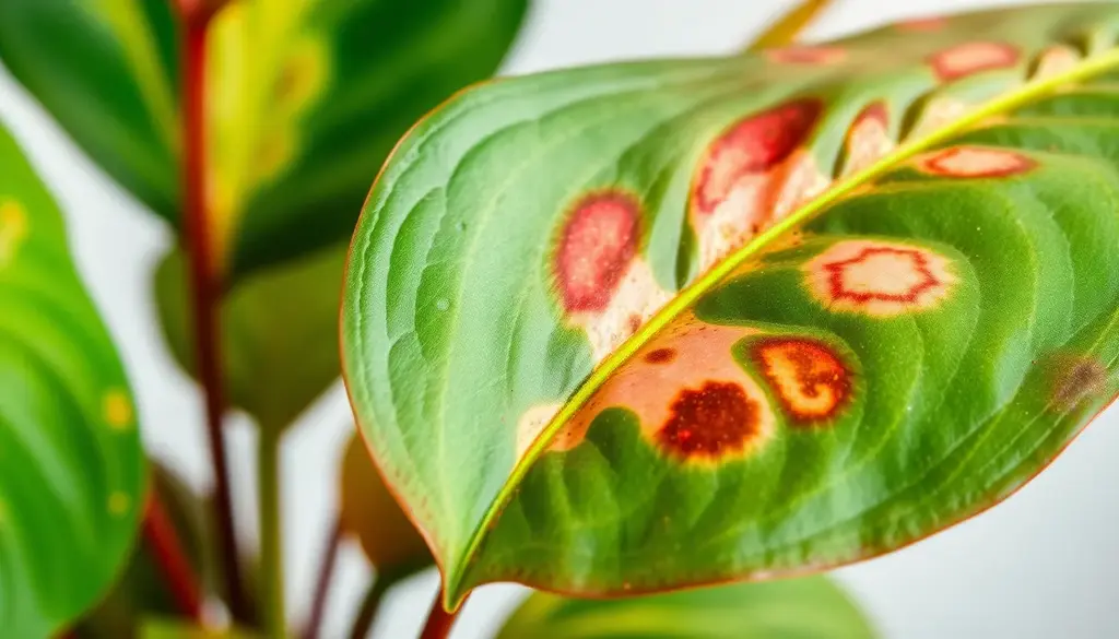 alt_text: Zbliżenie na liście anthurium z brązowymi plamami, w naturalnym, miękkim tle.