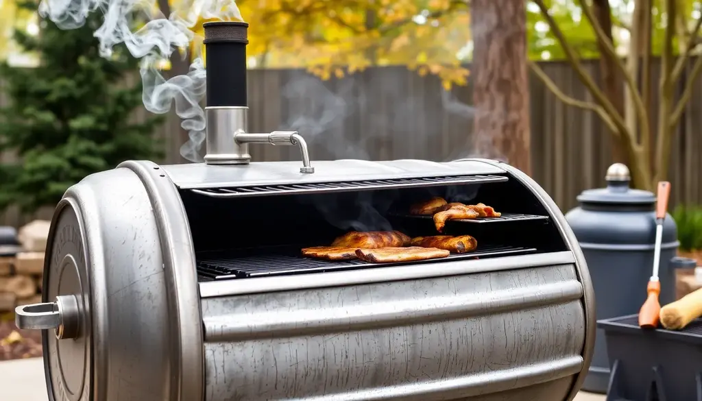 alt_text: Metalowy grill w ogrodzie, dym wydobywa się z komina, otoczenie sprzyjające gotowaniu na świeżym powietrzu.