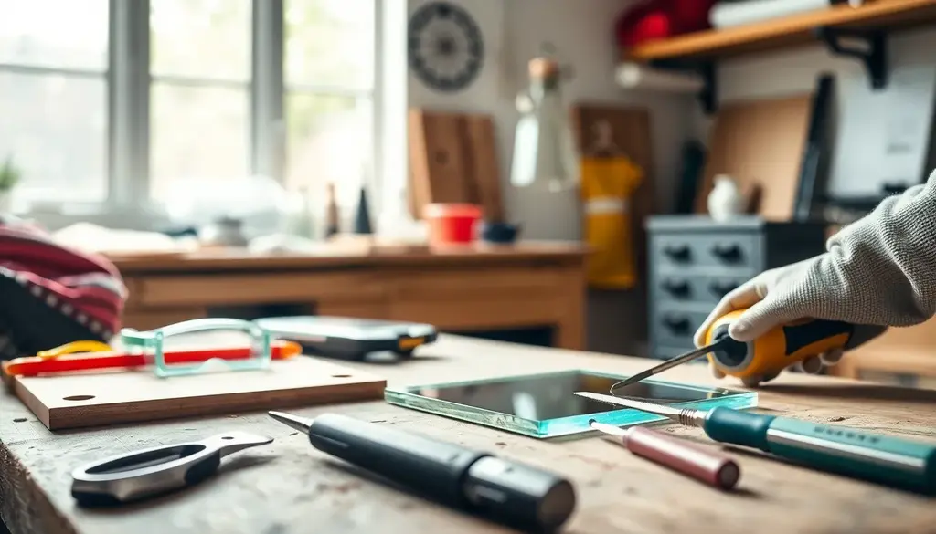 alt_text: Realistyczny obrazek przedstawiający cięcie szkła w domu przy użyciu narzędzi i technik DIY.
