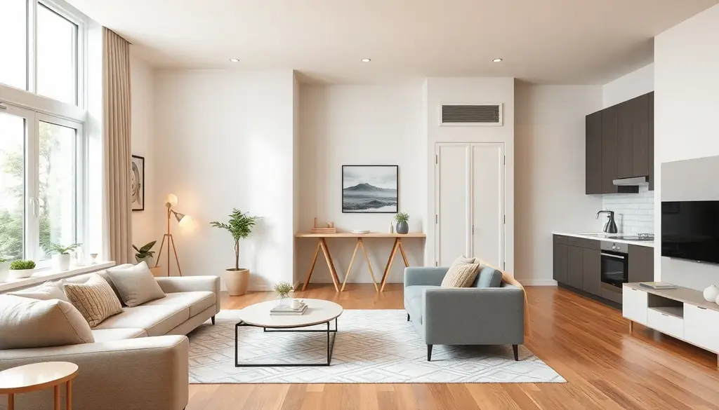 alt_text: Nowoczesne wnętrze apartamentu z eleganckimi meblami, dużymi oknami i świetlistą atmosferą.