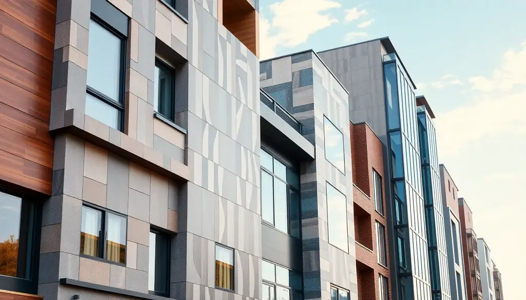 alt_text: Nowoczesne fasady budynków z innowacyjnymi wzorami i kolorami, ukazujące atrakcyjne detale architektoniczne.