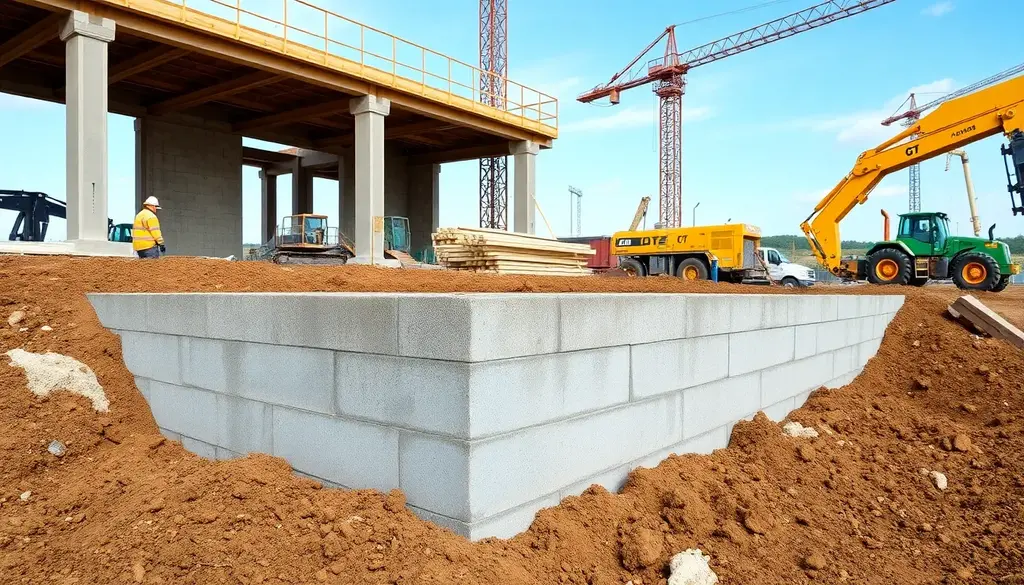 alt_text: Realistyczny widok placu budowy z betonowymi fundamentami i sprzętem budowlanym w tle.