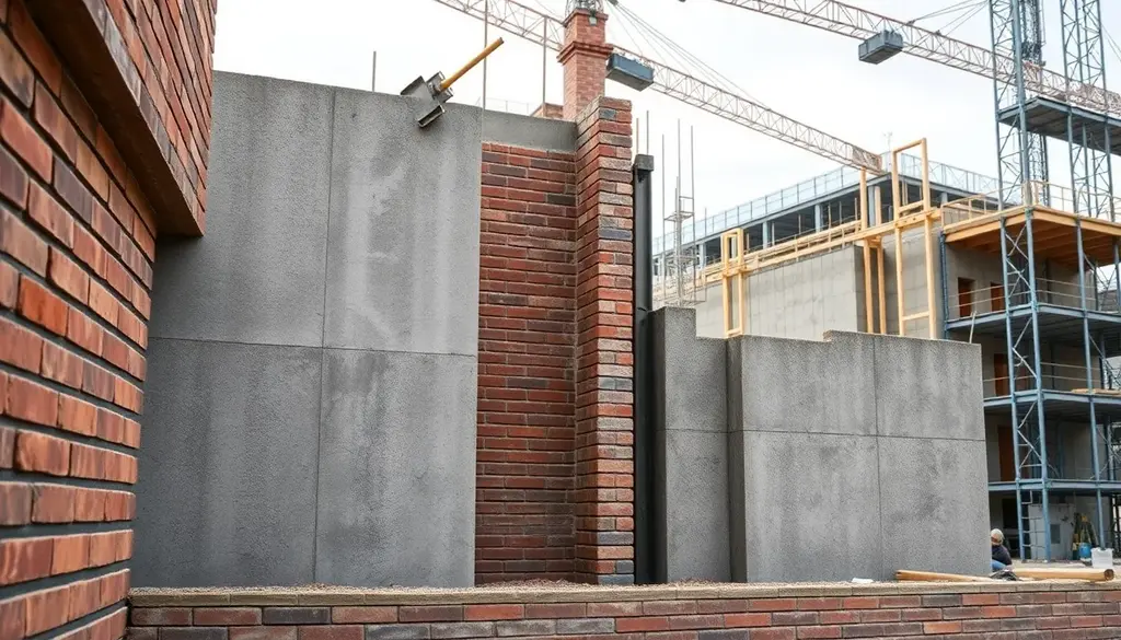alt_text: Realistyczny obrazek ukazujący techniki budowlane i detale architektoniczne na placu budowy.