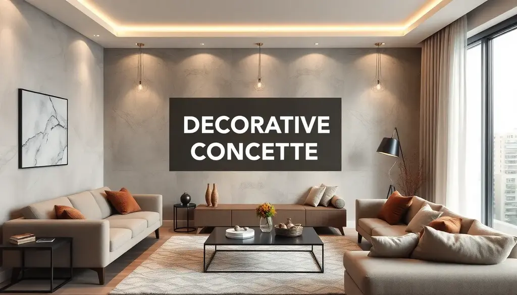 alt_text: Nowoczesny salon z dekoracyjnym betonem, minimalistycznym designem i przytulną atmosferą.