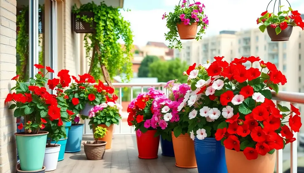 alt_text: Urokliwy balkon z kolorowymi pelargoniami w ozdobnych donicach, otoczony urbanistycznym krajobrazem.