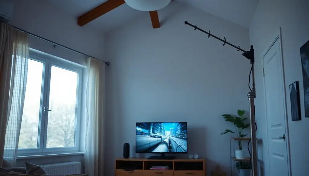 alt_text: Nowoczesny wnętrze domu z anteną TV z codziennych przedmiotów, przytulne i praktyczne.