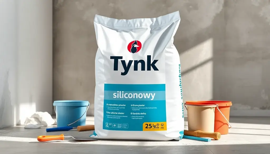 alt_text: Duża torba Tynk silikonowy 25 kg w otoczeniu narzędzi budowlanych i nieukończonej powierzchni.