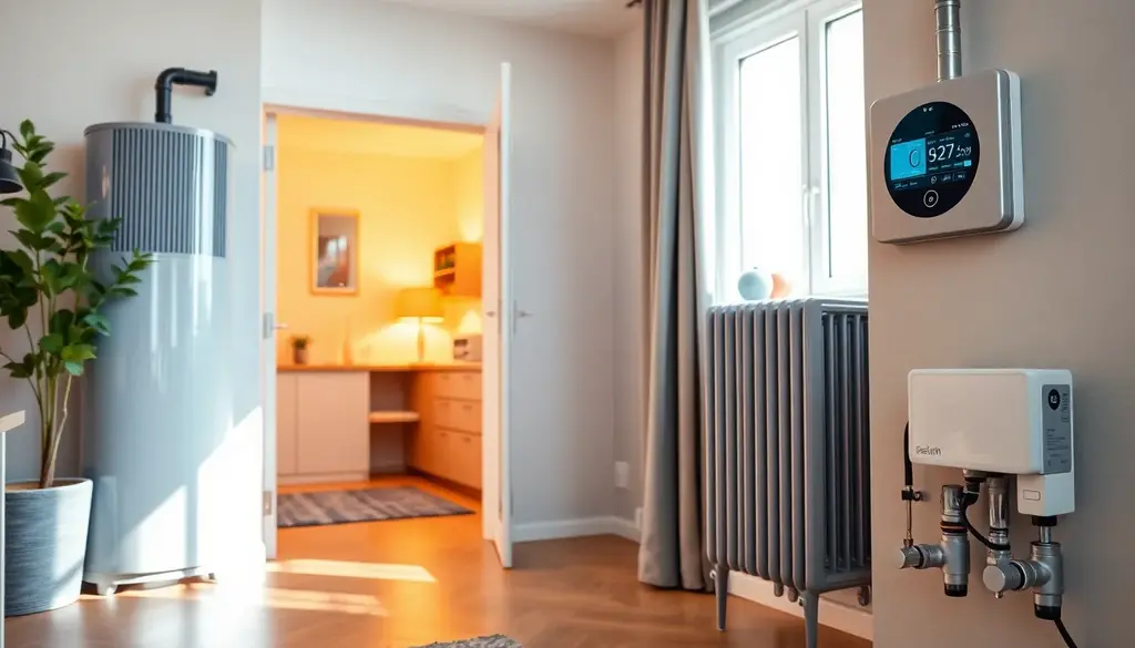 alt_text: Realistyczny obraz nowoczesnego apartamentu z systemem grzewczym, ciepłym oświetleniem i komfortem.
