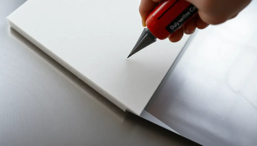 alt_text: Proces przyklejania styropianu do metalowej powierzchni, podkreślający tekstury materiałów.